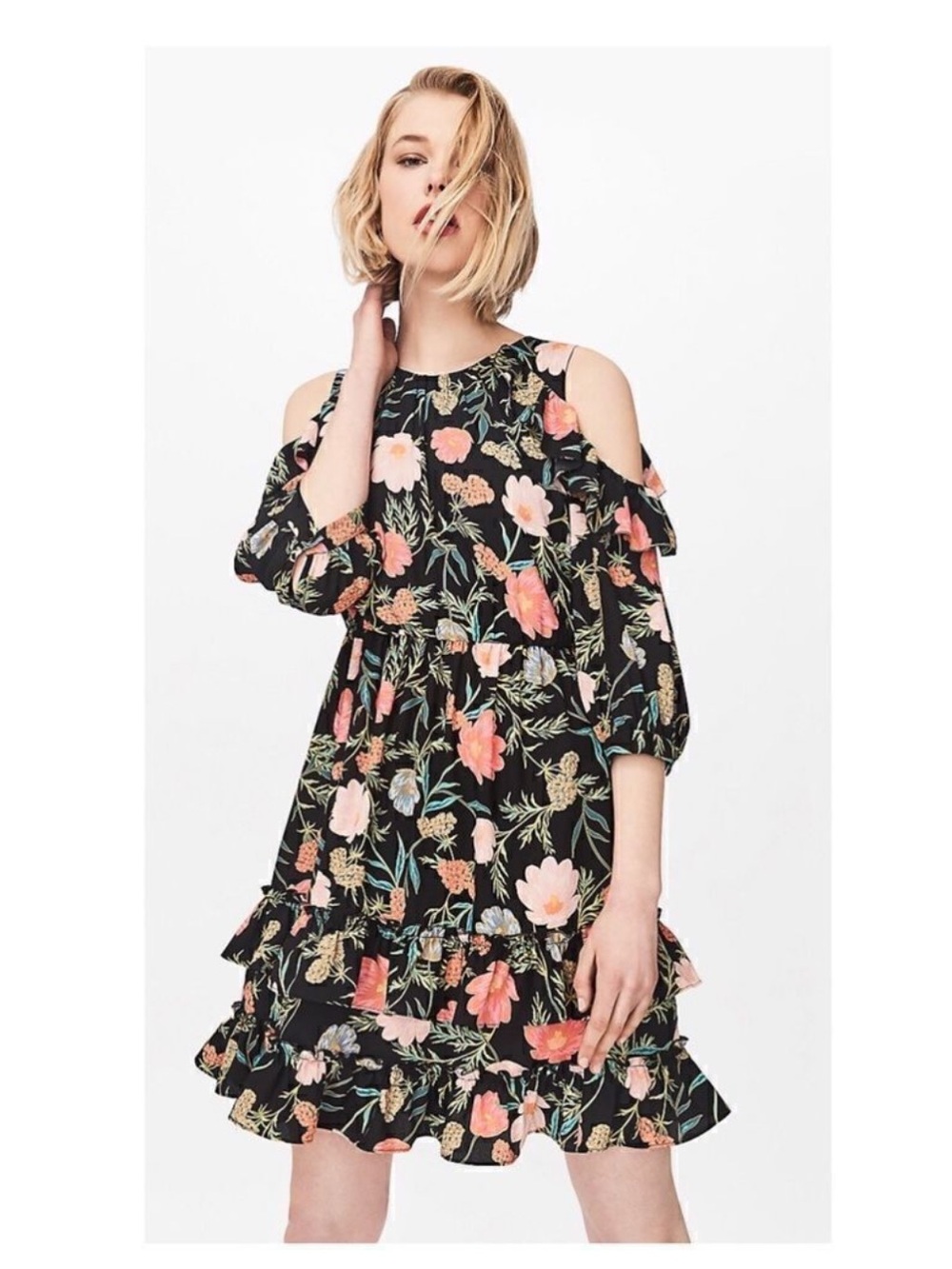 Kate Spade Blossom Cold Shoulder Ruffle Dress, Bold Floral on Black Wedding Fun